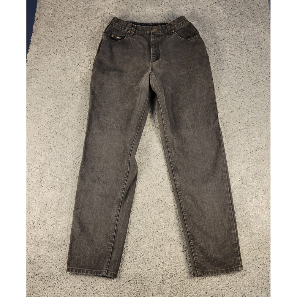 VTG Lee Jeans Womens 14 Long Black High Rise Straight Leg Leather Tag Denim